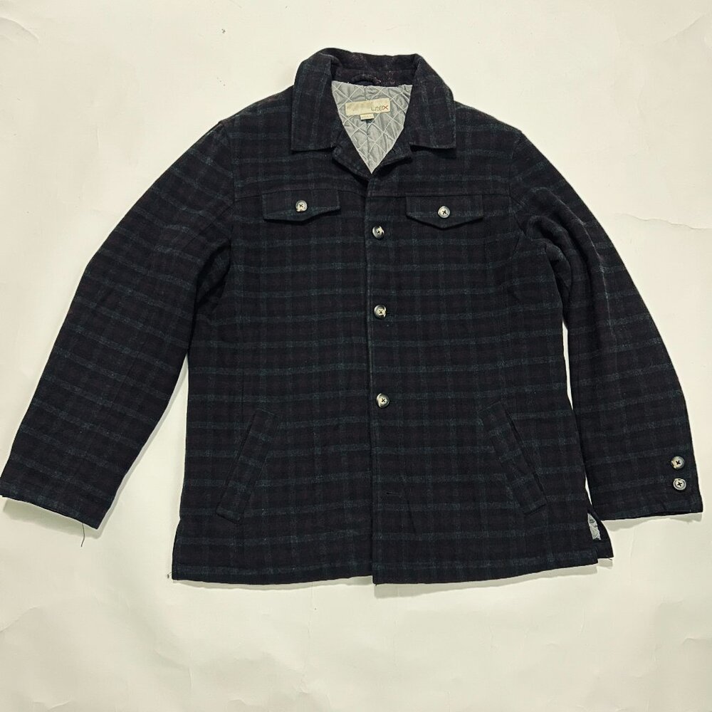 Utex Wool Blend Shirt Jacket Mens XL Burgundy Gray Plaid Quilted Lining Shacket